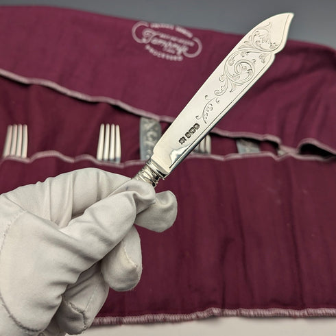 1899 年英國古董白色珍珠手柄純銀刀片 4 對甜點餐具約翰桑德森